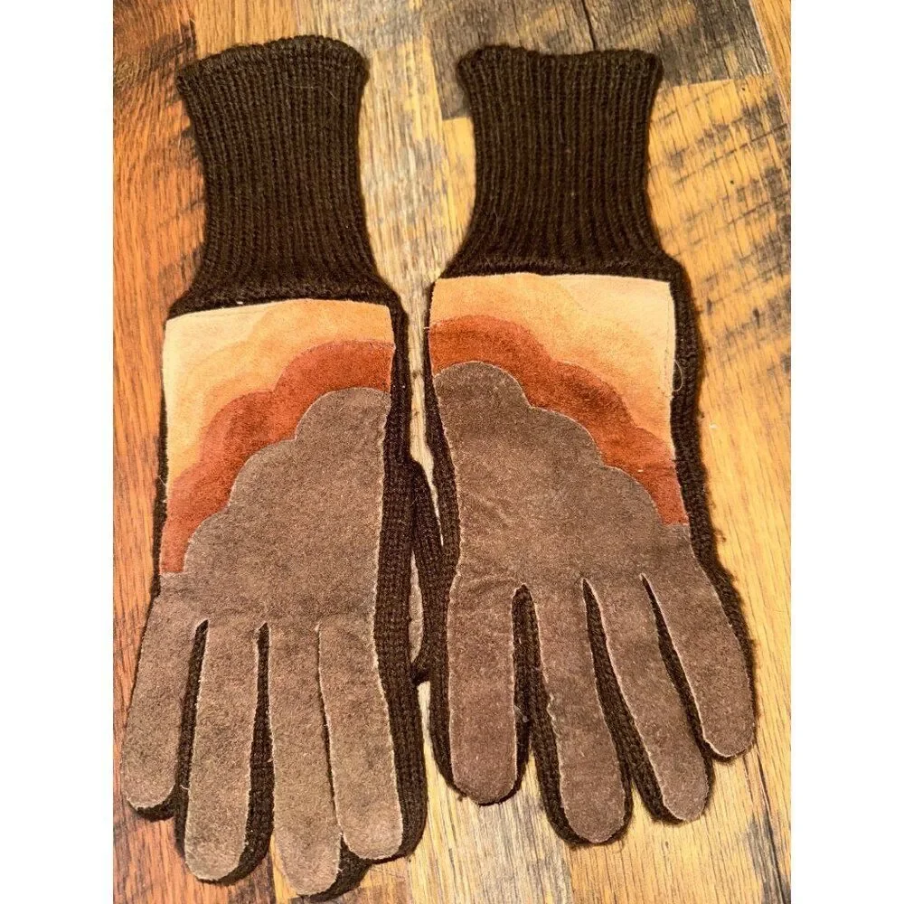 Vintage 80's‎ Brown Knit Gloves With Suede Design